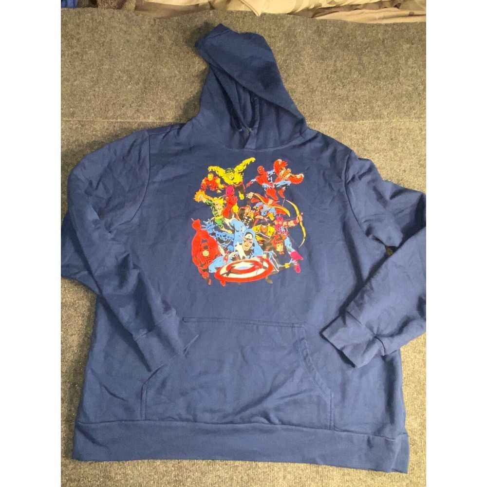 Marvel Hoodie Mens 2XL Navy Fleece Lined Spiderman Thor Hulk Graphic Drawstring